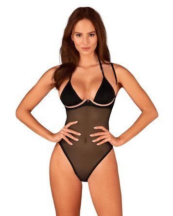 Прозрачное боди Obsessive Selinne teddy  Black, мелкая сетка, двойные бретели, XS/S