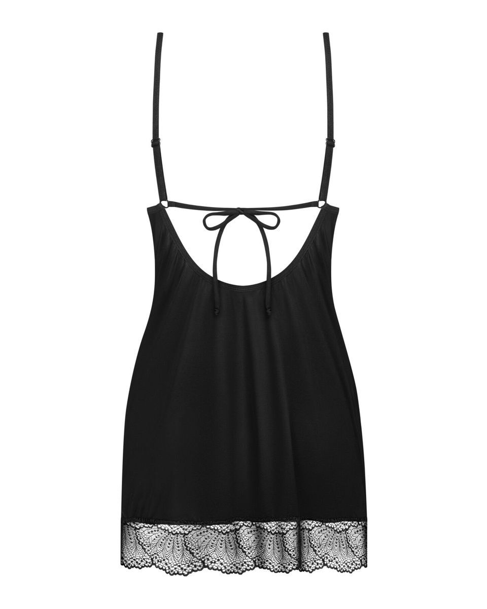 Пеньюар Obsessive Lobellis chemise & thong, черный, кружевная отделка, стринги в комплекте, XS/S