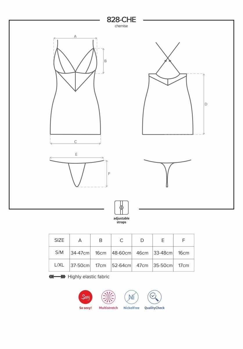 Сатиновий комплект для сну з мереживом Obsessive 828-CHE-1 chemise & thong, чорний, сорочка, стр, S/M