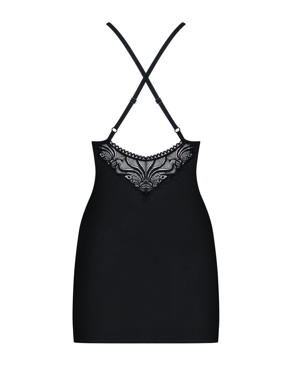 Сатиновий комплект для сну з мереживом Obsessive 828-CHE-1 chemise & thong, чорний, сорочка, стр, S/M