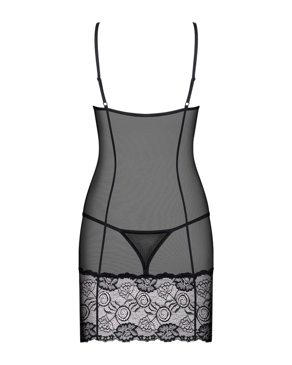 Сорочка Obsessive Alluria chemise & thong, черная, кружево+микросетка, стринги в комплекте, S/M