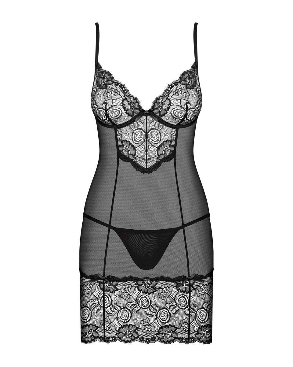 Сорочка Obsessive Alluria chemise & thong, черная, кружево+микросетка, стринги в комплекте, S/M