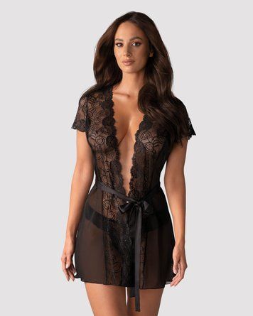 Пеньюар Obsessive Alluria peignoir & thong, прозрачный, с кружевом, пояс, трусики в комплекте, S/M