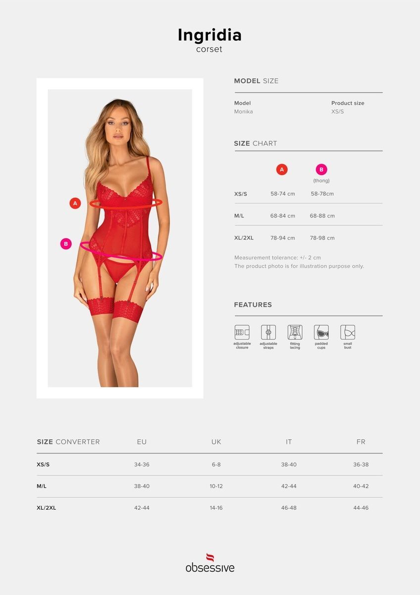 Комплект корсет и стринги Obsessive Ingridia corset & thong , красный, XS/S