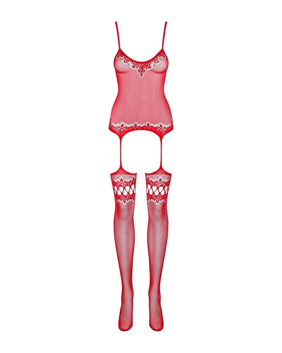 Бодистокинг Obsessive Bodystocking F214 red S/M/L, имитация корсета и чулок на подвязках