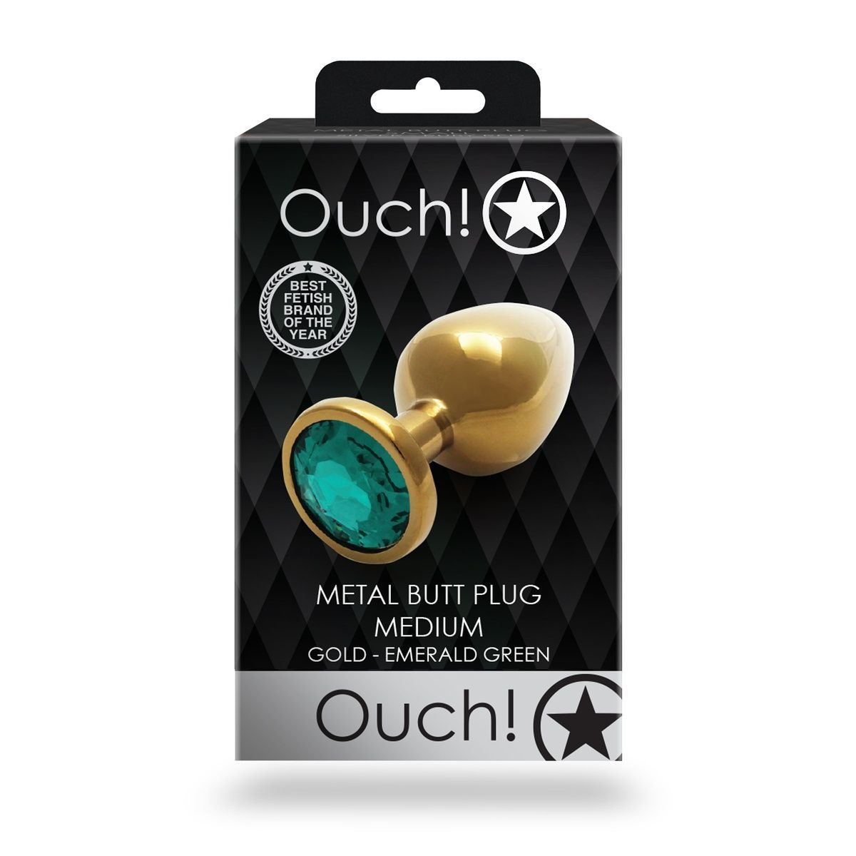 Металлическая анальная пробка Round Gem, размер М цвет: золотистый/изумрудный Ouch!