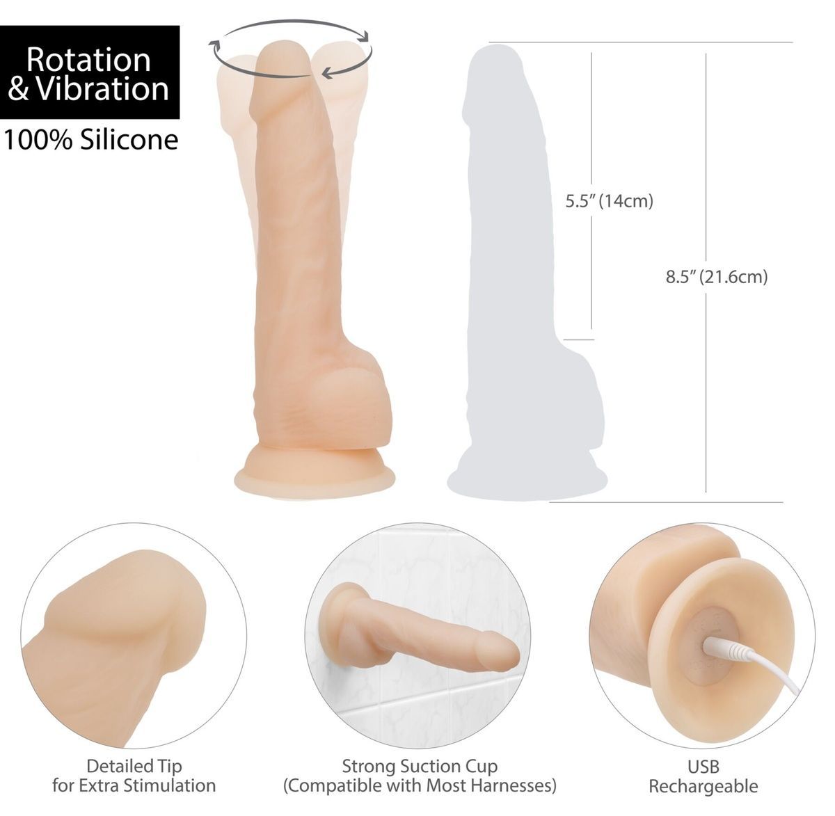 Фаллоимитатор с вибрацией и ротацией Naked ADDICTION James 8&Prime; Rotating & Vibrating Dong, пульт ДУ
