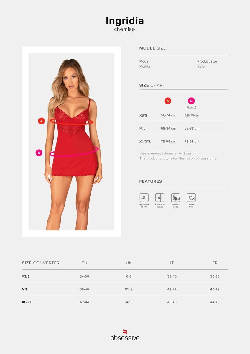 Пеньюар Obsessive Ingridia chemise & thong красный, сорочка, стринги, XS/S