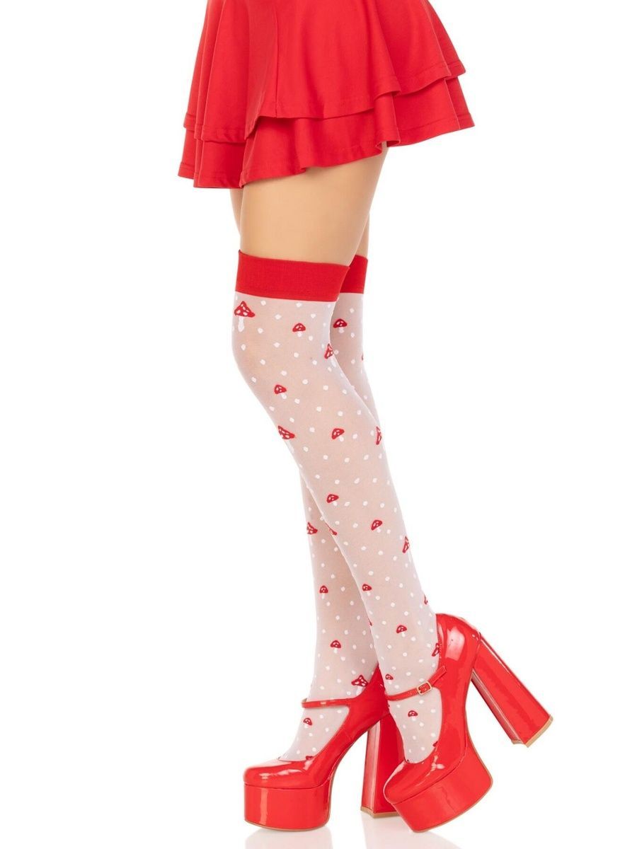 Чулки Leg Avenue Polka Dot Mushroom Thigh Highs, One Size, бело-красные, на резинке, рисунок &mdash; грибы