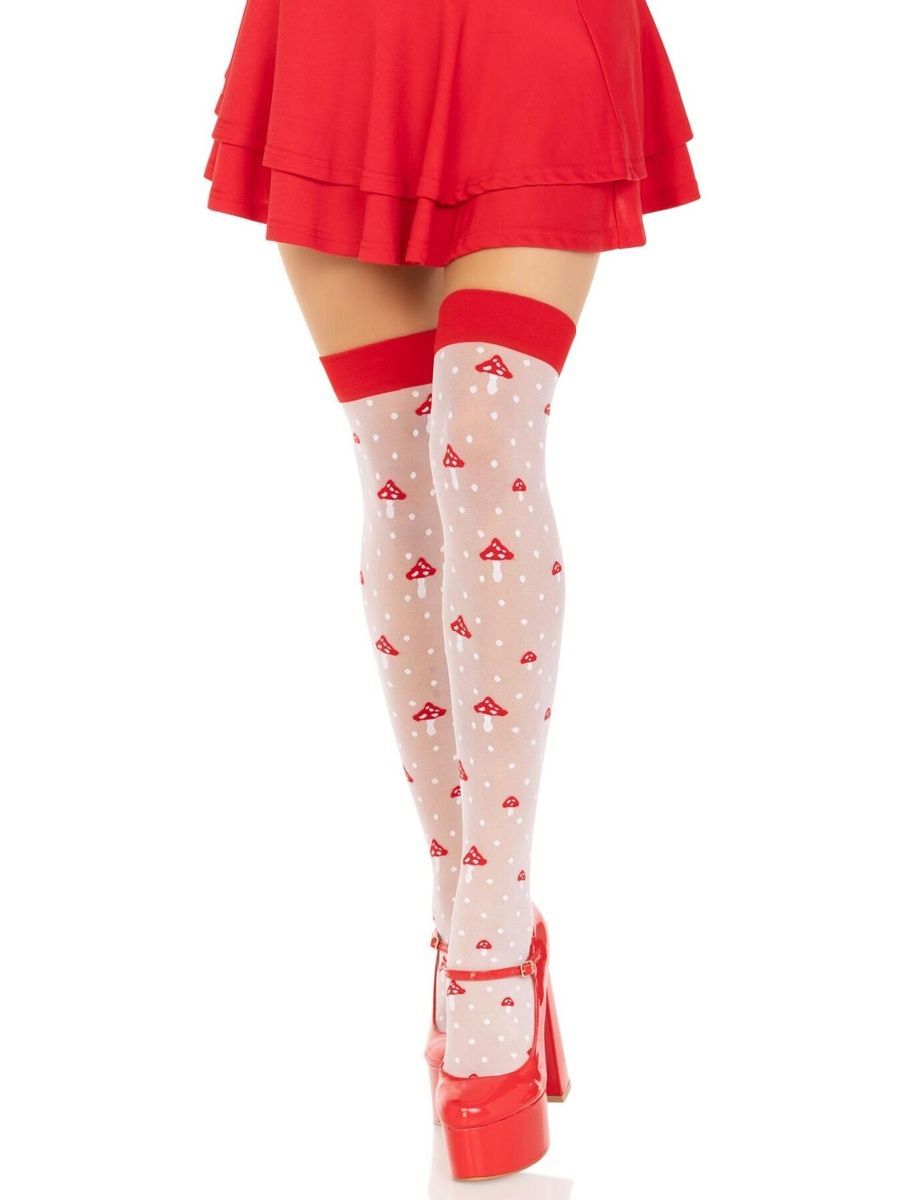 Чулки Leg Avenue Polka Dot Mushroom Thigh Highs, One Size, бело-красные, на резинке, рисунок &mdash; грибы