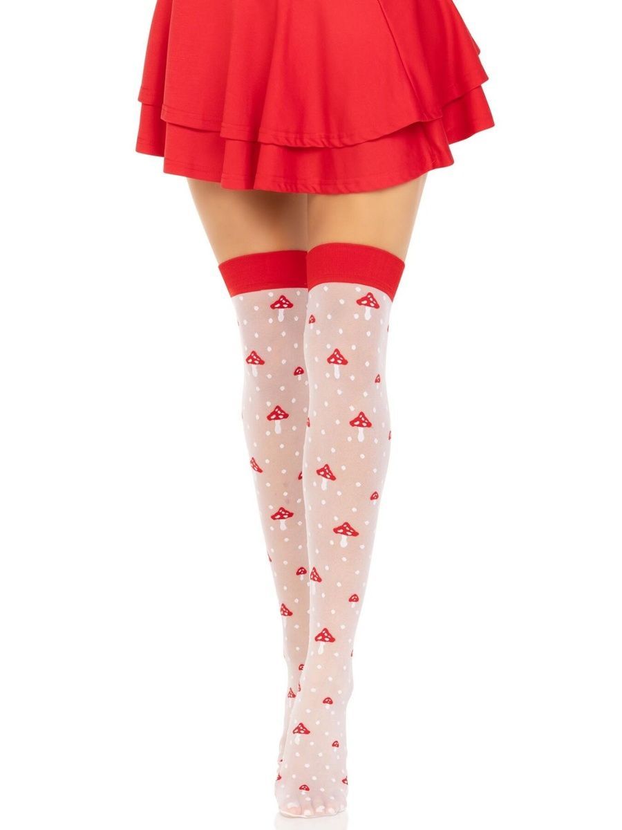 Чулки Leg Avenue Polka Dot Mushroom Thigh Highs, One Size, бело-красные, на резинке, рисунок &mdash; грибы