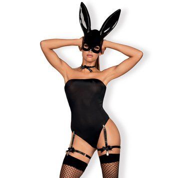 Еротичний костюм кролика Obsessive Bunny costume, black, боді, чокер, гартери, панчохи, маска, S/M