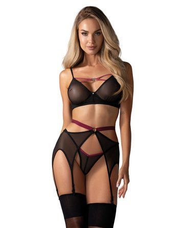 Комплект Obsessive Novenes 3-pcs set, прозрачный лиф на косточках, стринги, пояс, XS/S