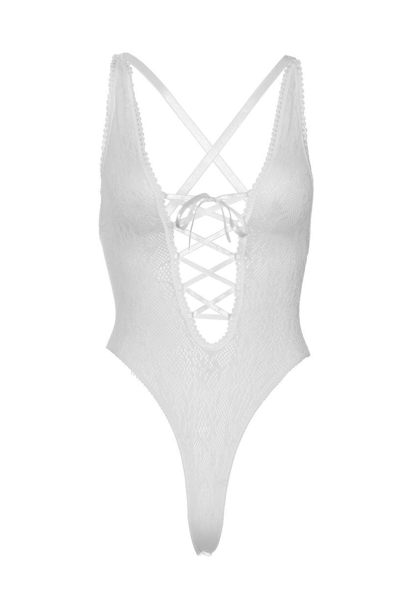 Кружевное боди Leg Avenue Floral lace thong teddy White, шнуровка на груди, one size