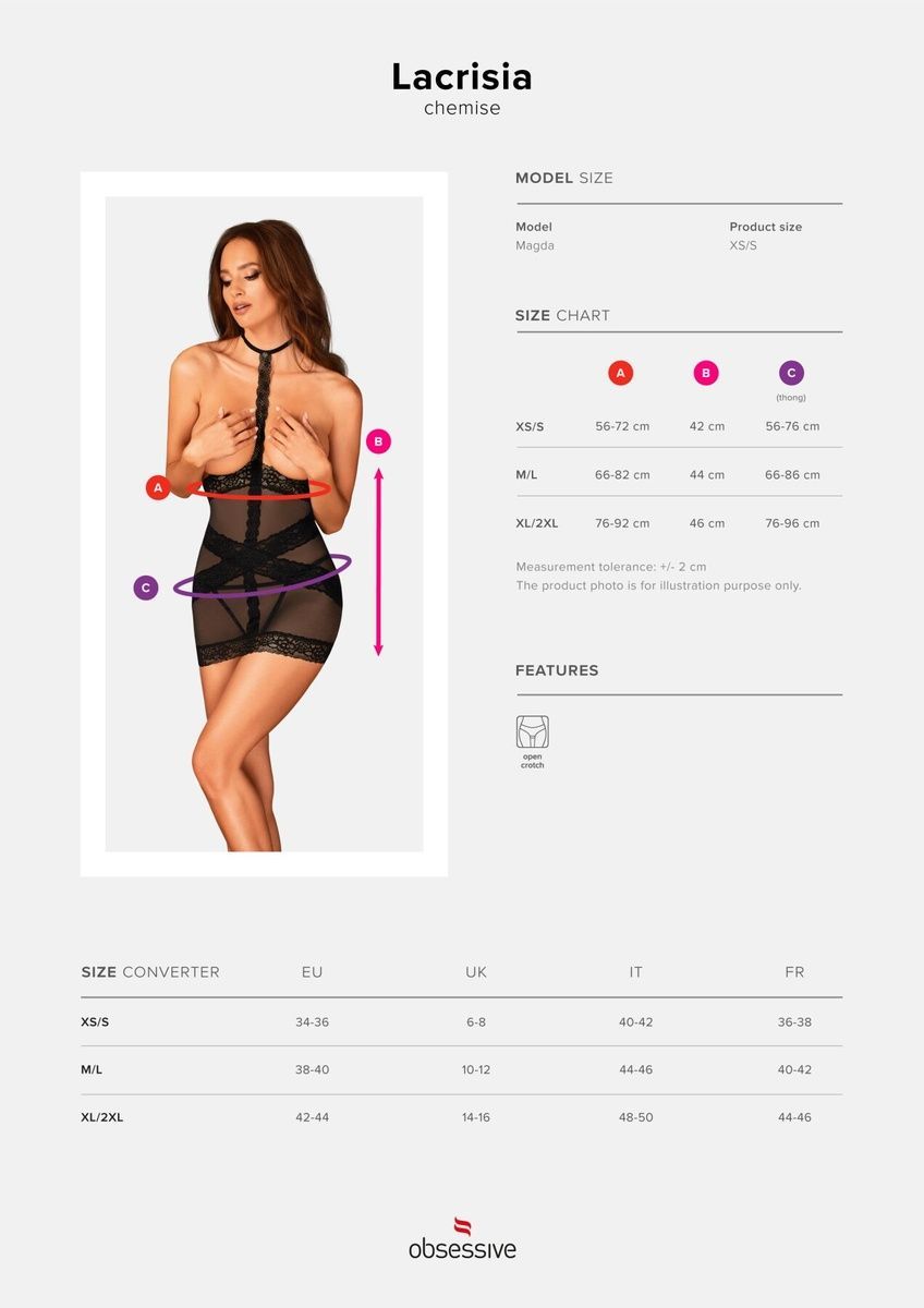 Напівпрозора сорочка з відкритими грудьми Obsessive Lacrisia chemise, чорна, з чокером, XS/S