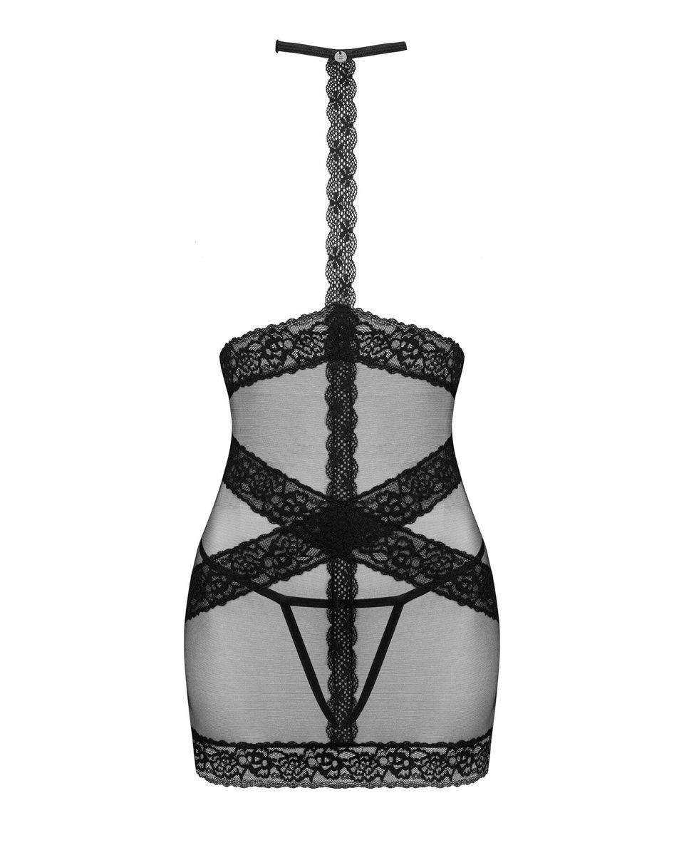 Напівпрозора сорочка з відкритими грудьми Obsessive Lacrisia chemise, чорна, з чокером, XS/S