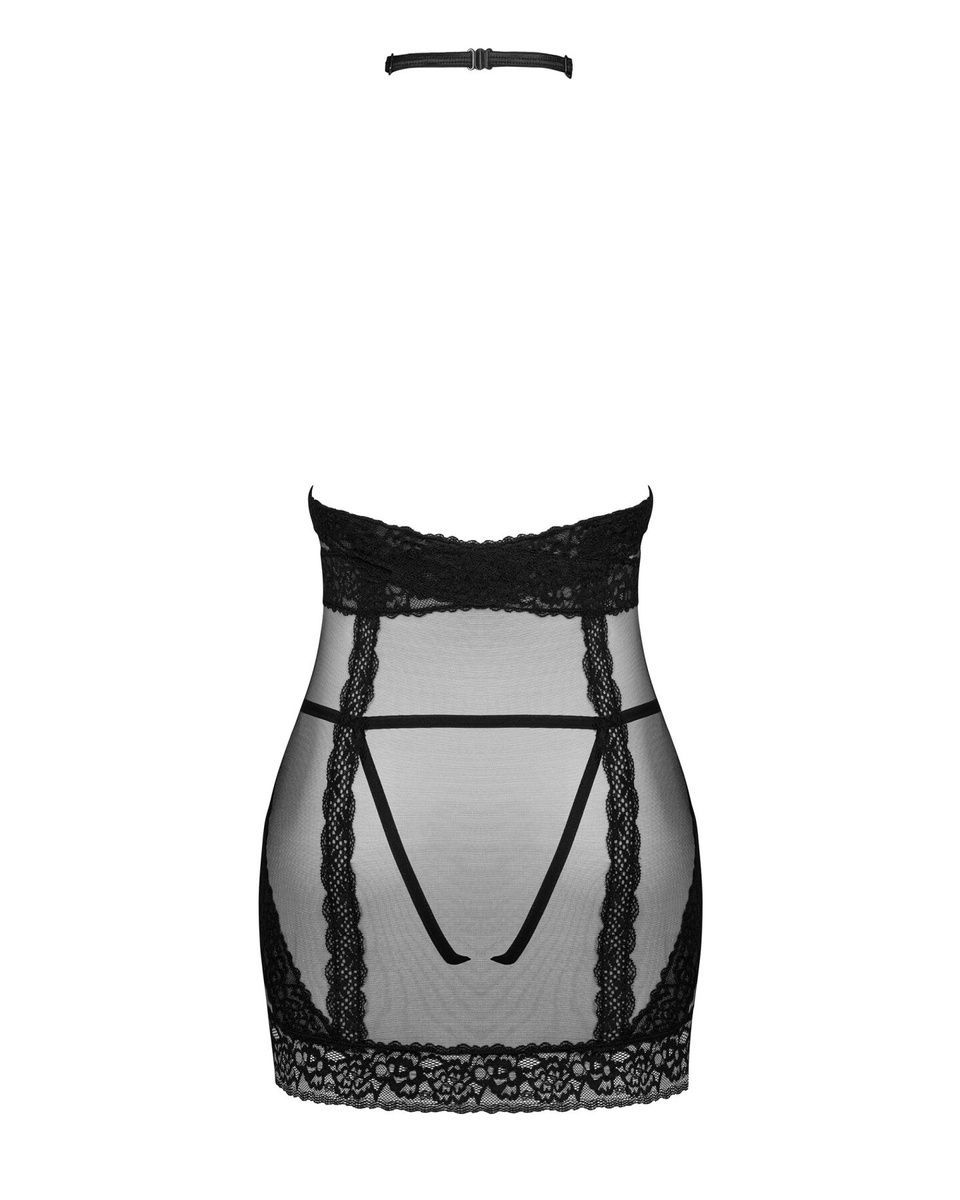 Напівпрозора сорочка з відкритими грудьми Obsessive Lacrisia chemise, чорна, з чокером, XS/S