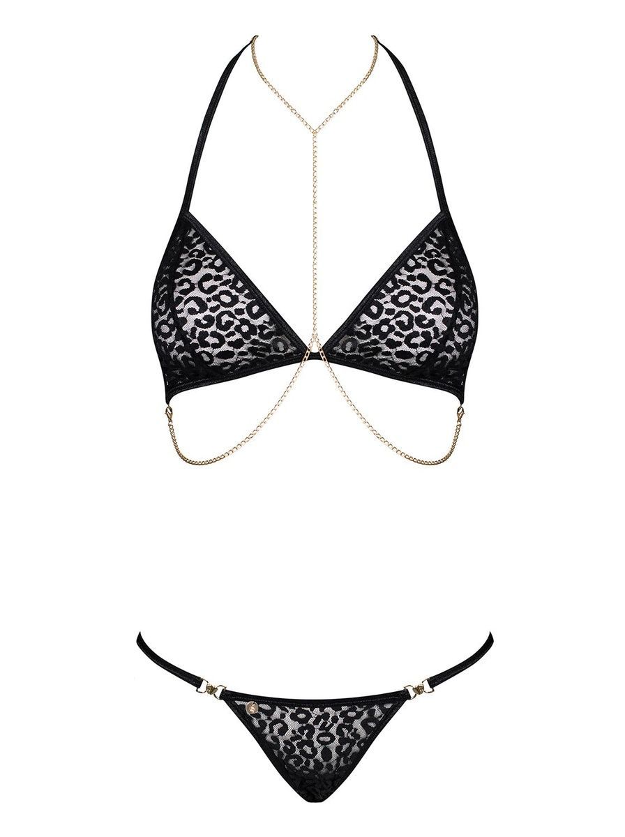 Комплект із ланцюжками Obsessive Pantheria 2-pcs set black, бюстгальтер, трусики, S/M