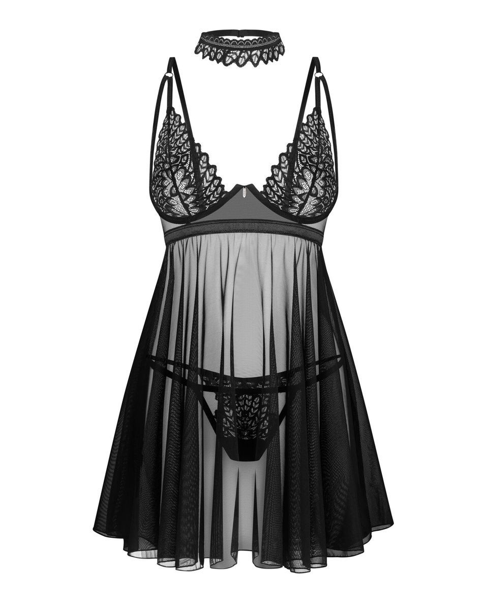 Бэби-долл Obsessive Donarella babydoll & thong, кружевной лиф, чокер и стринги в комплекте, XS/S