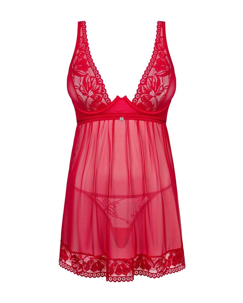 Прозора сорочка бебі-дол Obsessive Lacelove babydoll & thong Red, мереживо, стрінги, XS/S