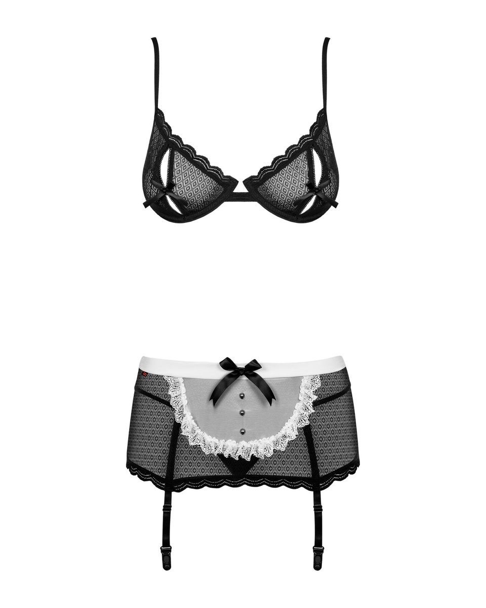 Еротичний костюм покоївки Obsessive Maidme set 5pcs, бюстгальтер, пояс з фартухом, панчохи, S/M