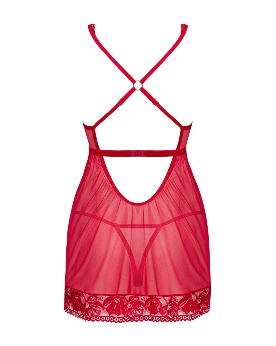 Прозора сорочка бебі-дол Obsessive Lacelove babydoll & thong Red, мереживо, стрінги, XS/S