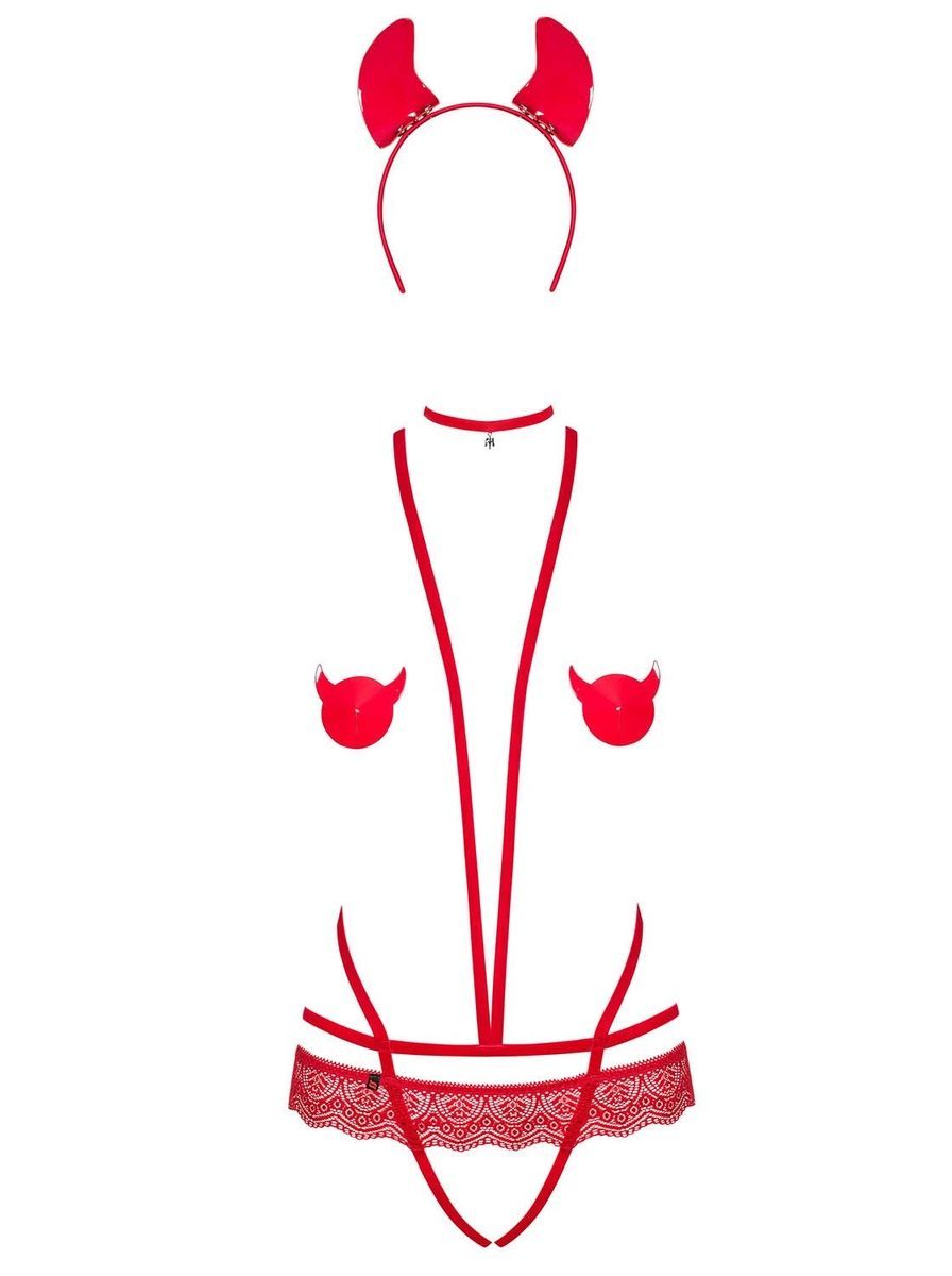 Еротичний костюм чортика зі стреп Obsessive Evilia teddy red, боді, чокер, накладки на соски, обруч з ріжками, S/M