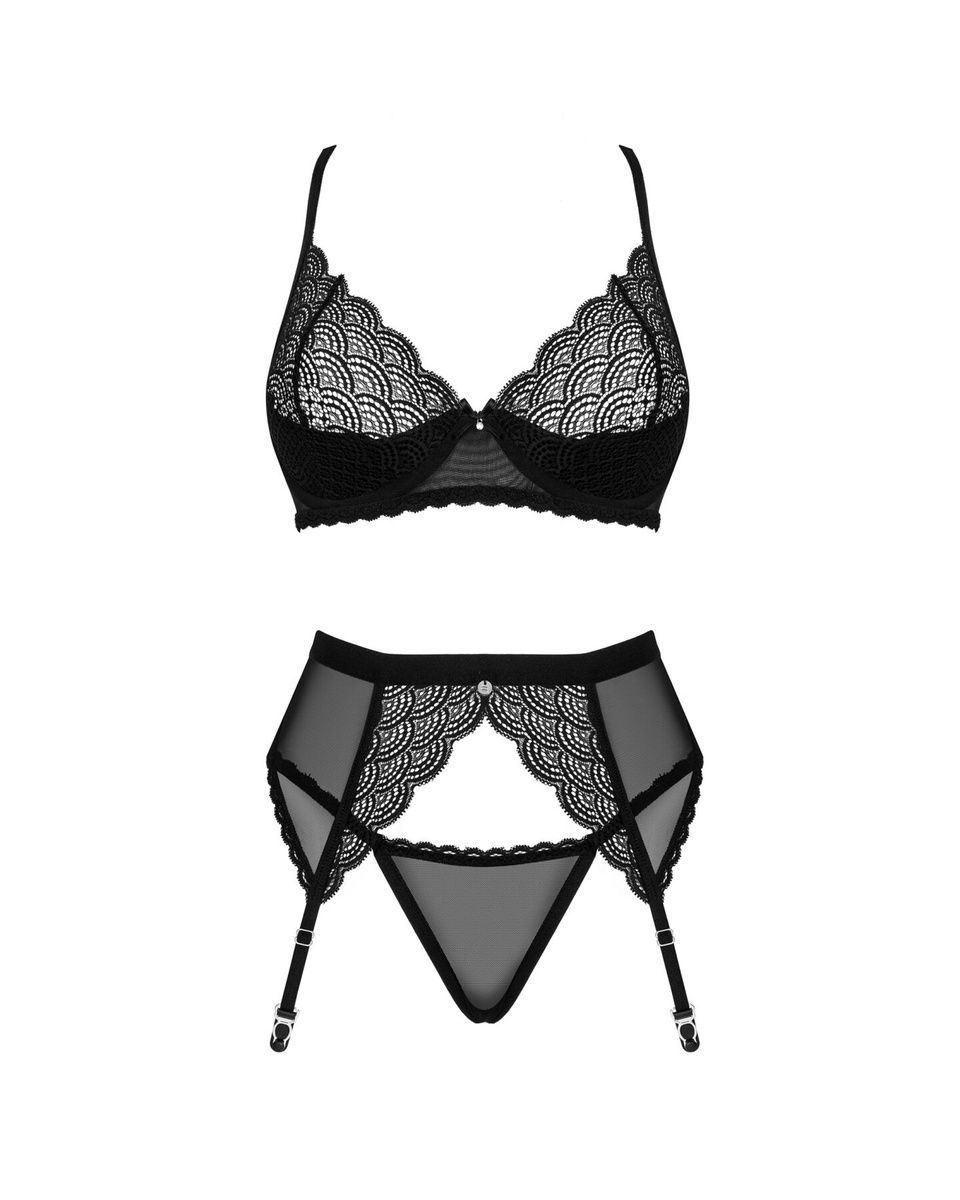 Комплект Obsessive Chemeris 3-pcs set, стринги, пояс для чулок, бюстгальтер, XS/S