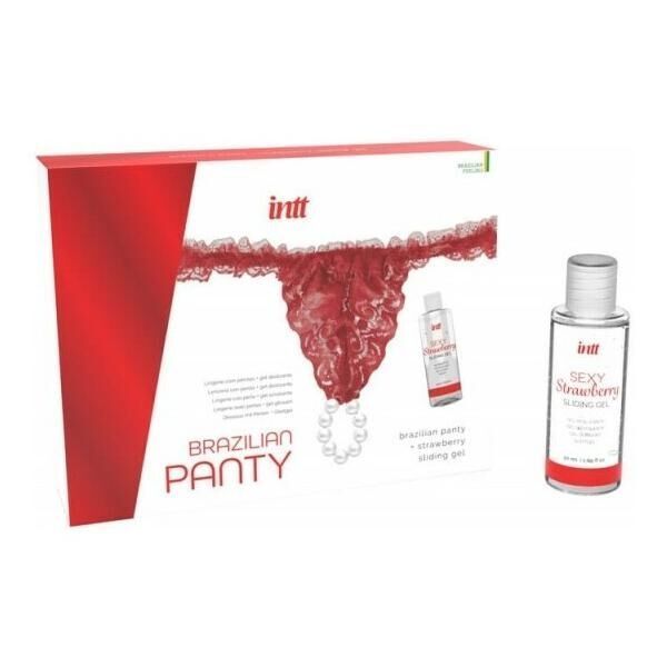 Набор Intt BRAZILIAN PANTY RED: трусики на резинке S-XL с жемчужным кольцом + клубничный лубрикант
