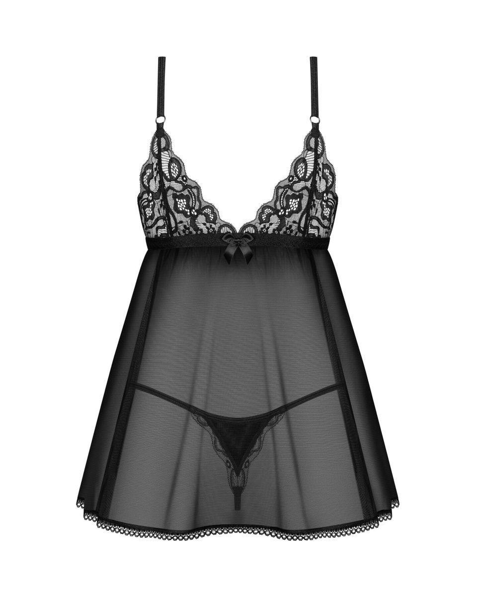 Сорочка беби-долл Obsessive Blomentis babydoll & thong, кружевной лиф, стринги в комплекте, XS/S