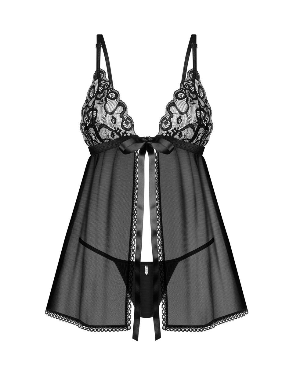 Сорочка беби-долл Obsessive Blomentis babydoll & thong, кружевной лиф, стринги в комплекте, XS/S