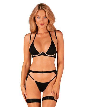 Комплект белья Obsessive Selinne 3-pcs set Black, бюстгальтер, стринги пояс для чулок, XS/S