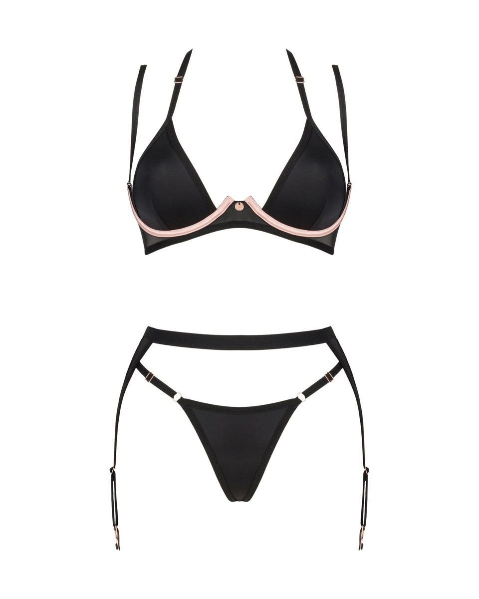 Комплект білизни Obsessive Selinne 3-pcs set  Black, бюстгальтер, стрінги пояс для панчіх, XS/S