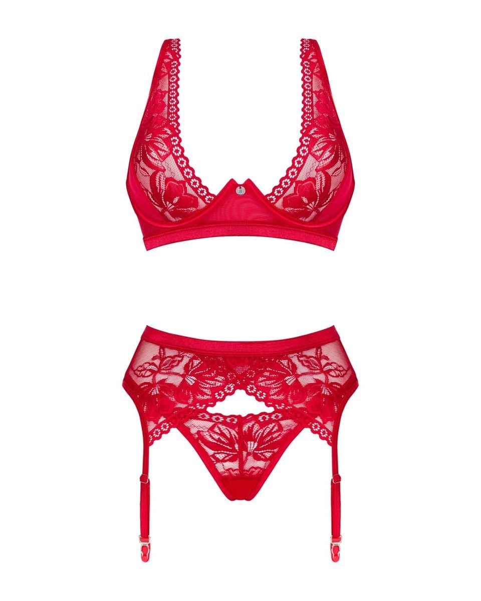 Комплект белья Obsessive Lacelove cupless 3pcs set Red, бюстгальтер, стринги, пояс для чулок, XS/S