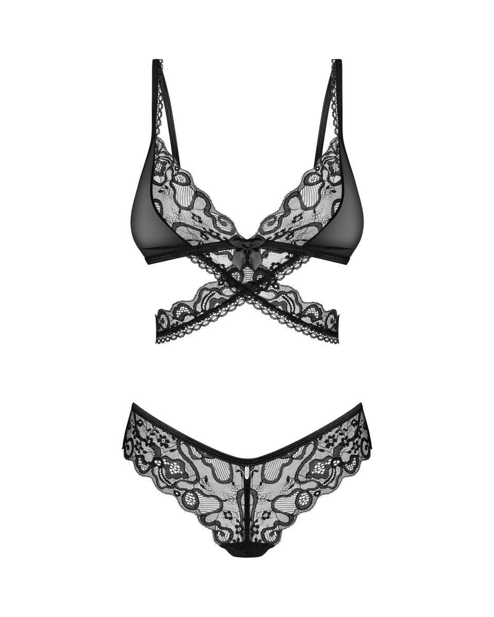 Комплект Obsessive Blomentis 2-pcs set, кружевной, лиф с завязками на спине, трусики-слипы, XS/S