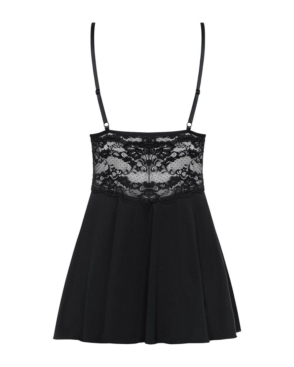 Сатиновий пеньюар із мереживом Obsessive 810-BAB-1 babydoll & thong, чорний, пеньюар, танга, S/M