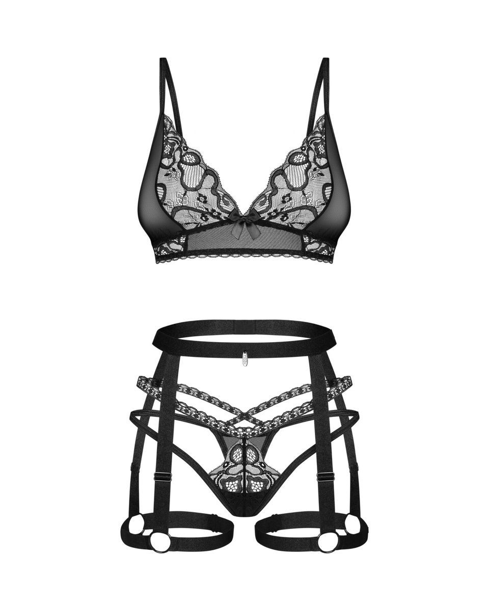 Комплект Obsessive Blomentis 3-pcs set, м&rsquo;який ліф, стрінги зі стрепами, пояс із гартерами, XS/S