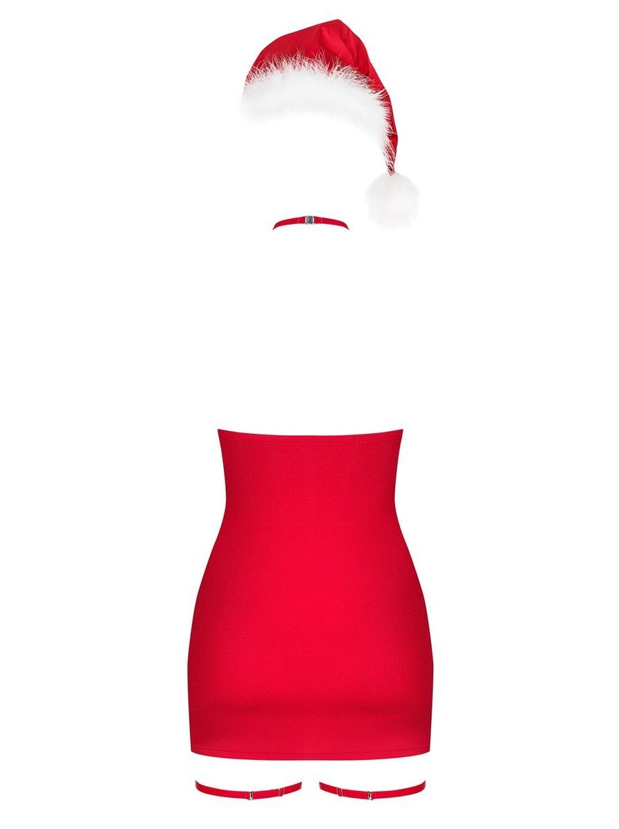 Сорочка Obsessive Kissmas chemise, красная, чокер, гартеры и шапочка с помпоном в комплекте, S/M
