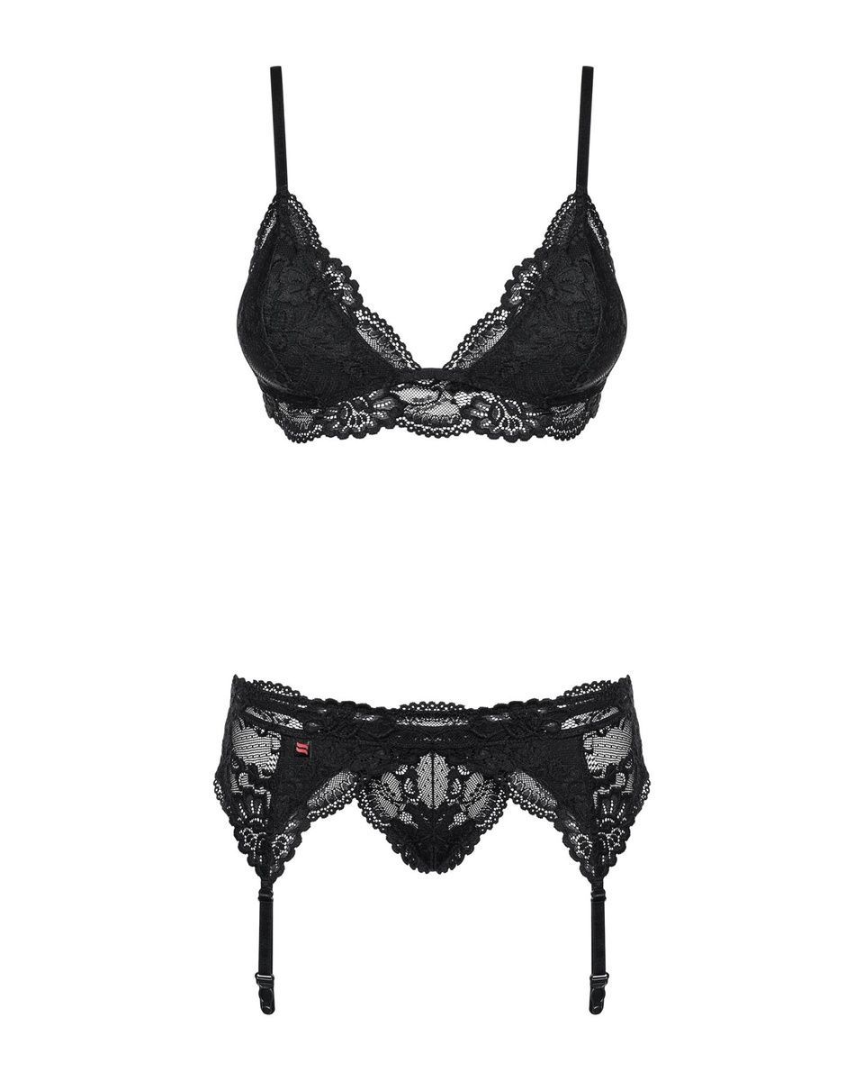 Кружевной комплект белья Obsessive 810-SEG-1 Black, бюстгальтер, стринги, пояс для чулок, S/M