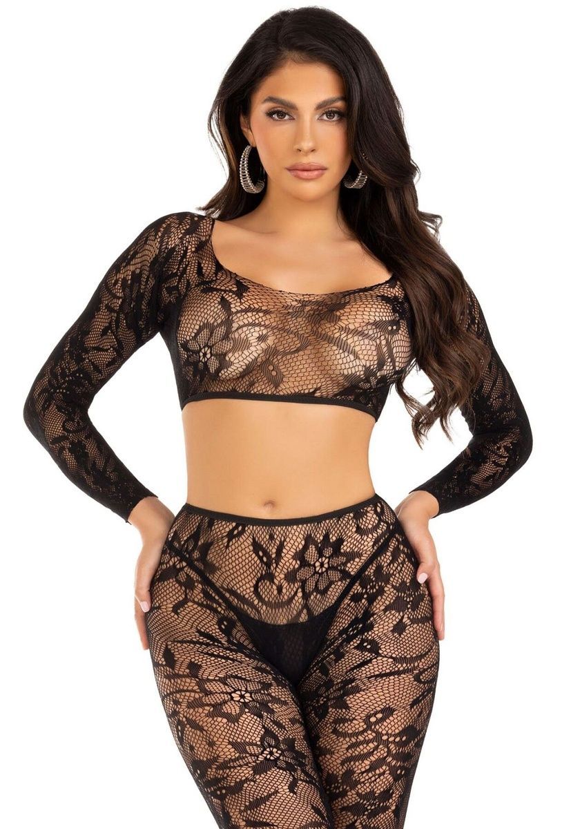 Комплект Leg Avenue Crop top & footless tights, One Size, черный, кроп-топ и колготки без стопы