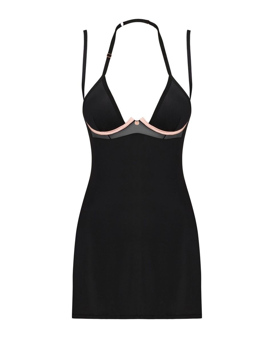 Сорочка Obsessive Selinne chemise & thong Black, стрінги, подвійні бретелі, XS/S