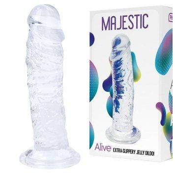 Прозрачный фаллоимитатор Alive Jelly Dildo Majestic, TPE, присоска, диаметр 3,7 см, длина 14,7 см